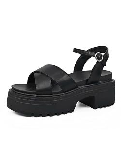READYSALTED Casual Summer Patent Cross Band Chunky Platform Sandals Wedges for Women with Buckle Open Toe Ankle Strap (JULIETTE6)