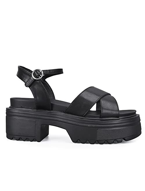 READYSALTED Casual Summer Patent Cross Band Chunky Platform Sandals Wedges for Women with Buckle Open Toe Ankle Strap (JULIETTE6)