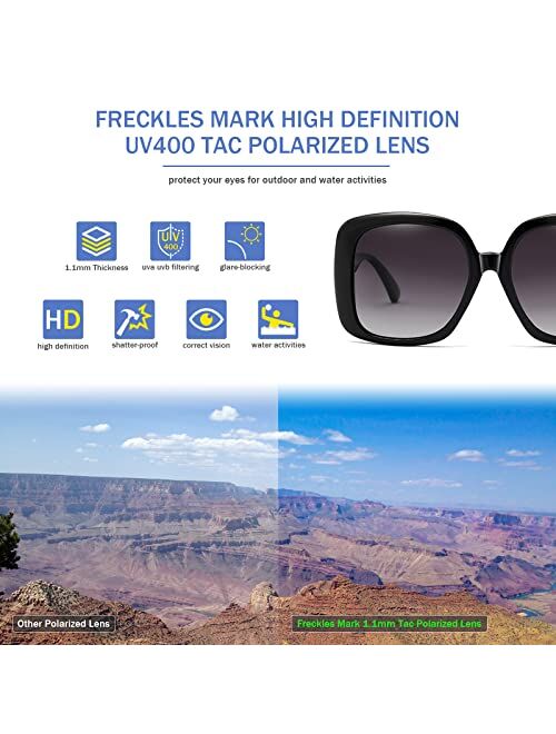 Freckles Mark Polarized Women Square Sunglasses 70s Vintage Inspired Trendy Shades Retro Big Frame Black Jackie O Glasses