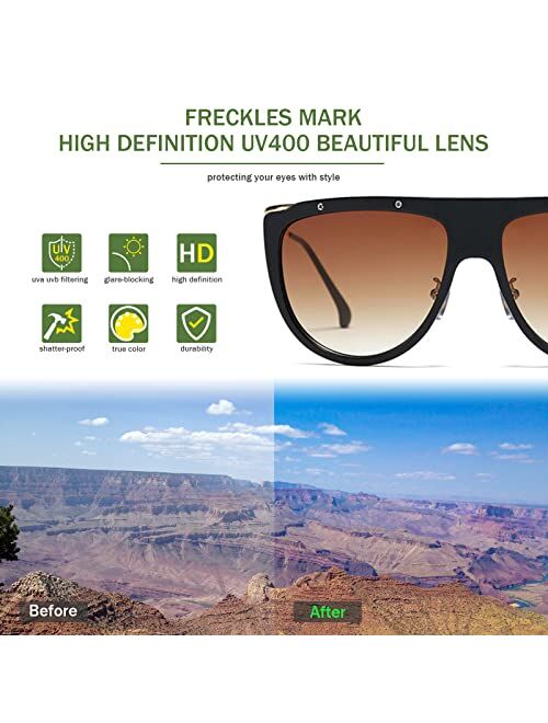 Freckles Mark Retro Inspired Flat Top Design Large Aviator Sunglasses for Women Shield Gradient Lens Gold Metal Frame