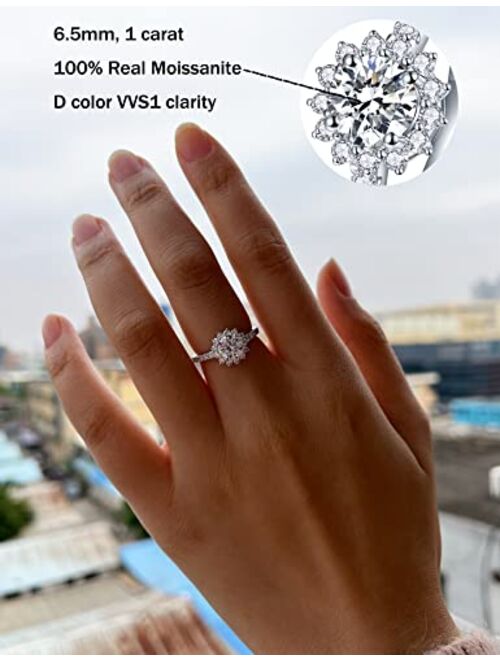 IMOLOVE Moissanite Halo Engagement Rings for Women Halo Rings for Women 1.64ct D Color VVS1 Clarity Round Cut Moissanite Ring in Sterling Silver plated with 18K Gold