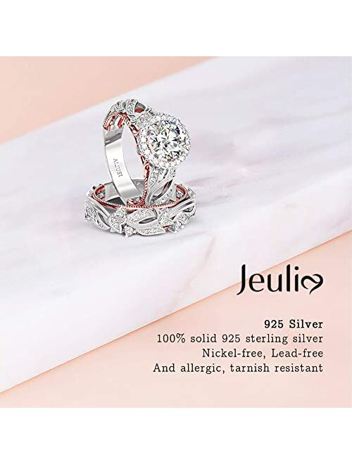 Jeulia 4 Carat Openwork Ring Sets for Women 925 Sterling Silver Wedding Sets Rose Gold Round Cut Halo Engagement Ring White Diamond band CZ Solitaire Anniversary Promise 