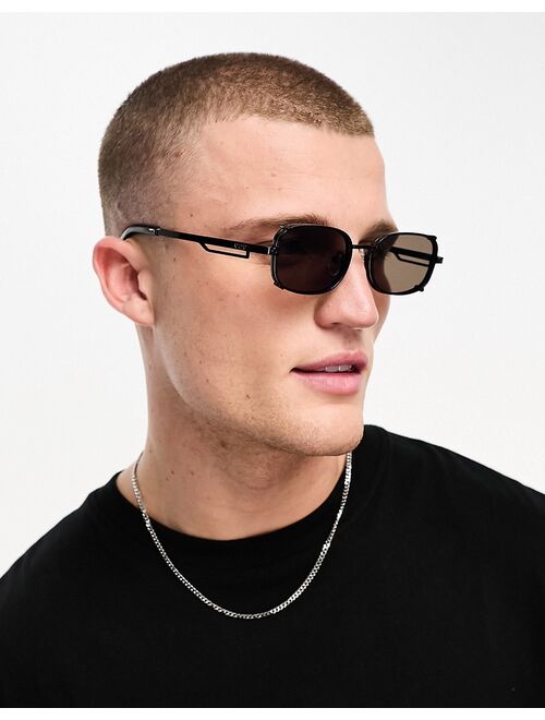 ASOS DESIGN slim metal sunglasses with double frame and blue mirror lens in black