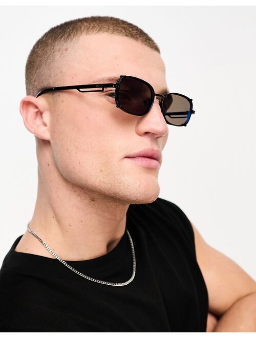 ASOS DESIGN slim metal sunglasses with double frame and blue mirror lens in black
