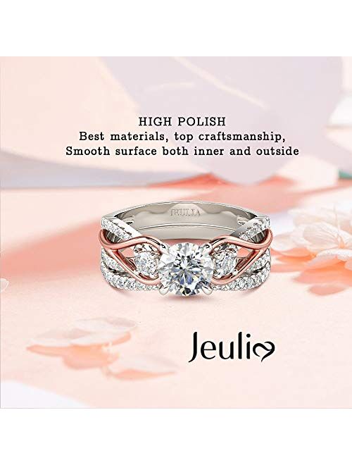 Jeulia Two Tone Rings for Women Rose Gold Three Stone Round Cut Engagement Rings Sterling Silver Halo Bridal Ring Set Anniversary Promise Wedding Ring with Jewelry Gift B
