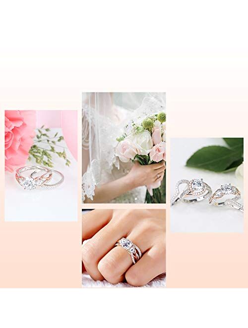 Jeulia Two Tone Rings for Women Rose Gold Three Stone Round Cut Engagement Rings Sterling Silver Halo Bridal Ring Set Anniversary Promise Wedding Ring with Jewelry Gift B