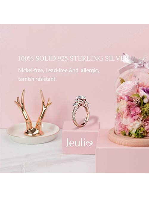 Jeulia Women's Wedding Rings Sterling Silver Promise Eternity Band Princess Cut Cubic Zirconia Wedding Engagement Anniversary Promise Floral Halo Rings Bridal Sets
