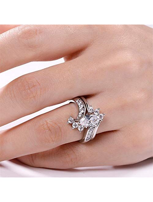 Jeulia Marquise Cut Wedding Set Sterling Silver Bypass Rings with Cubic Zirconia White Diamond Solitaire Engagement Rings Promise Anniversary with Gift Box