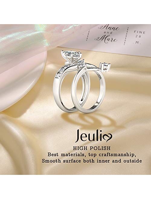 Jeulia Marquise Cut Wedding Set Sterling Silver Bypass Rings with Cubic Zirconia White Diamond Solitaire Engagement Rings Promise Anniversary with Gift Box