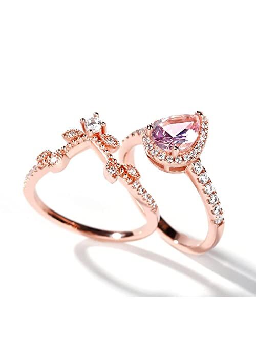 Jeulia Engagement Rings Sterling Silver Halo Pear Cut Synthetic Pear Shape Natural Pink Rose Gold Diamond Bridal Set Halo Art Deco Wedding band Anniversary Promise Jewelr