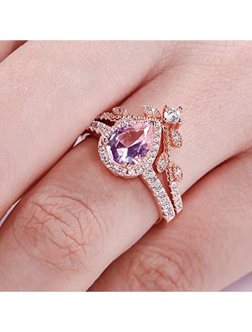 Jeulia Engagement Rings Sterling Silver Halo Pear Cut Synthetic Pear Shape Natural Pink Rose Gold Diamond Bridal Set Halo Art Deco Wedding band Anniversary Promise Jewelr