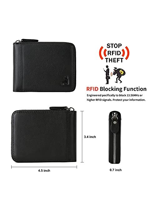 CALFART Slim Zipper Wallets For Men RFID Leather Mens Bifold Creidt Card Holder Zip Around Wallet With Coin Pocket