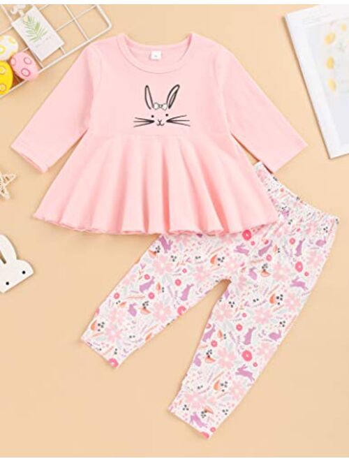 bilison Toddler Baby Girl Easter Outfit Sets Cute Long Sleeve Dress Top Bunny Floral Pants Girl Easter Clothes Sets