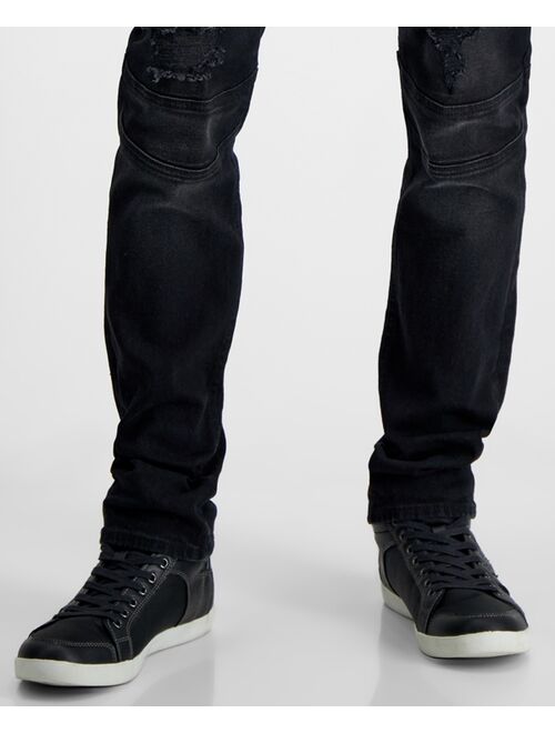 GUESS Men's Slim-Fit Tapered Mid-Rise Stretch Moto Jeans in Smokesack Black