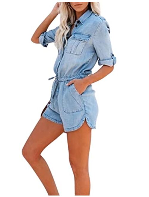 Kwoki Fashion Kwoki Womens Casual Denim Short Jumpsuits Long Roll Up Sleeve Button Bodycon Jean Rompers