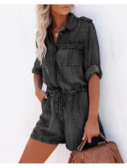 Paintcolors Women's Long Sleeve Button Down Pockets Belted Washed Denim Jumpsuits Rompers