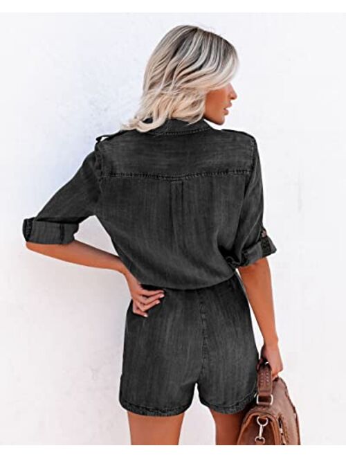 Paintcolors Women's Long Sleeve Button Down Pockets Belted Washed Denim Jumpsuits Rompers