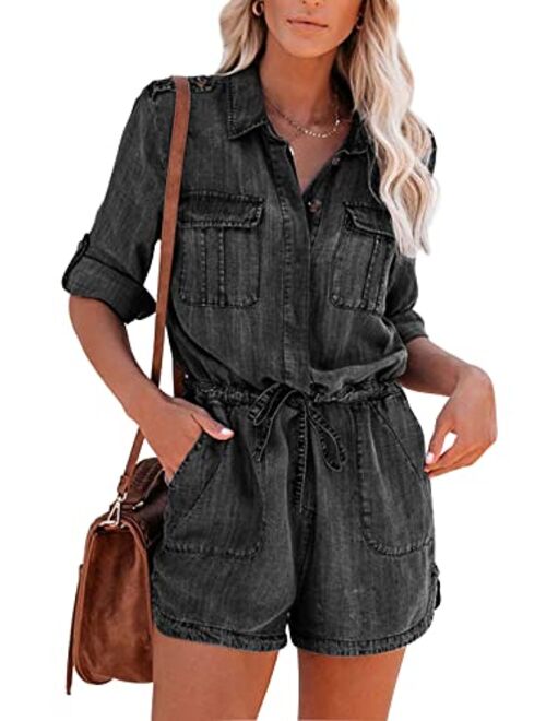 Paintcolors Women's Long Sleeve Button Down Pockets Belted Washed Denim Jumpsuits Rompers