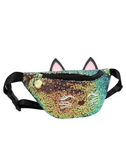 Eilova Orityle Waist Bag Glitter Sequin Girls Fanny Pack Adjustable Belt Cute Cat Sport Travel Bum Purse for Kids Teens