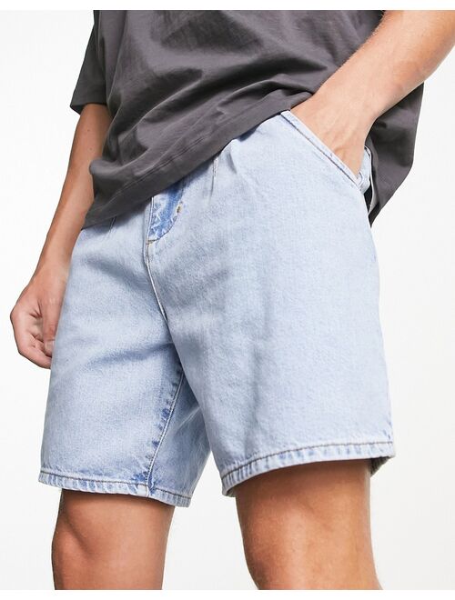 ASOS DESIGN pleated denim shorts in light wash blue