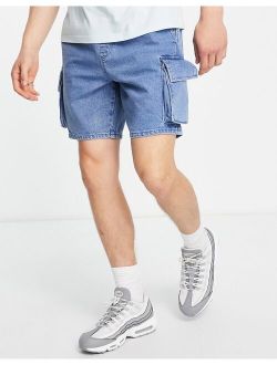 slim cargo denim shorts with elastic waist in mid wash blue