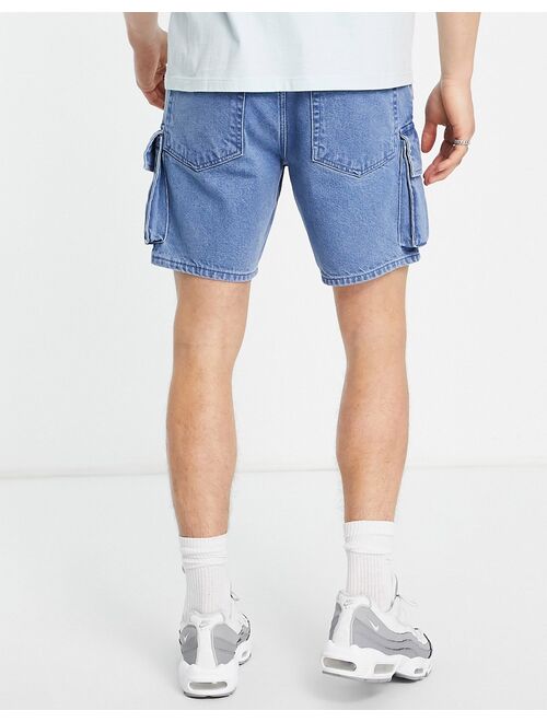 ASOS DESIGN slim cargo denim shorts with elastic waist in mid wash blue