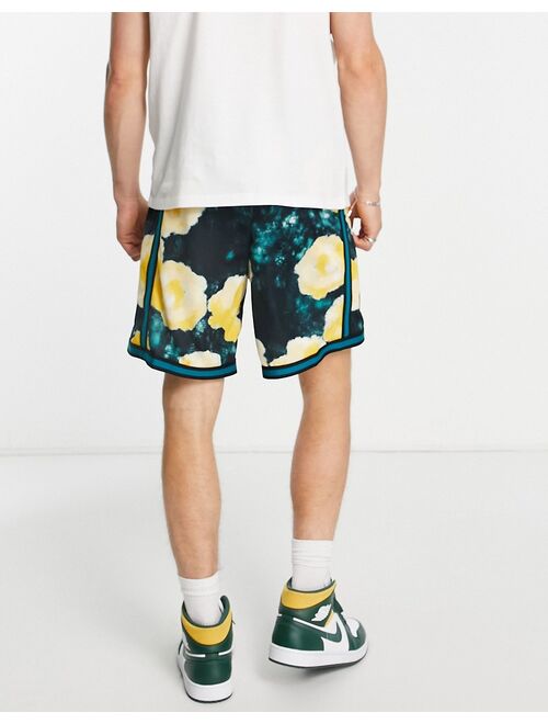 Nike Dri-FIT Floral DNA+ all over burnout print shorts in navy/yellow