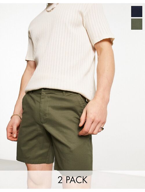 ASOS DESIGN 2-pack slim chino shorts in dark khaki and navy