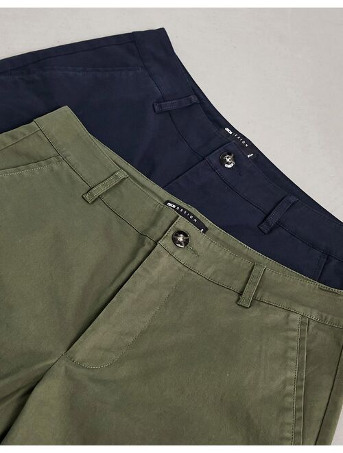 ASOS DESIGN 2-pack slim chino shorts in dark khaki and navy