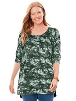 Women's Plus Size Washed Thermal Waffle High-Low Henley Tunic