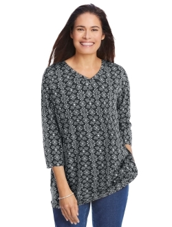 Women's Plus Size Perfect Printed Three-Quarter Sleeve V-Neck Tee Shirt
