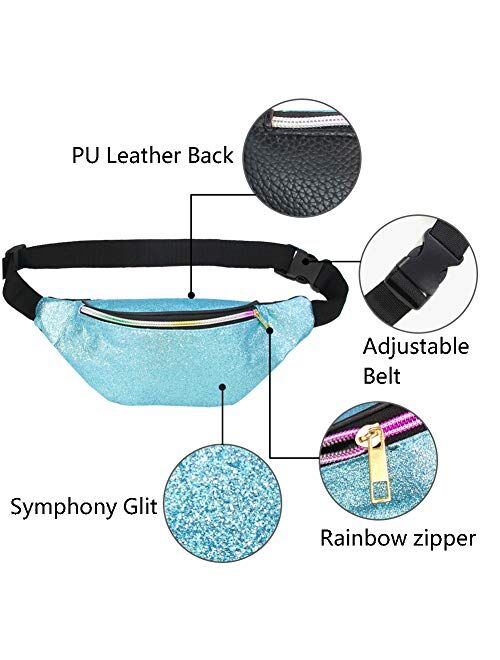 QtGirl Fanny Pack for Kids, Glitter Waist Bag Shiny Bags with Adjustable Belt for Children Sport Running, Camping, Trip