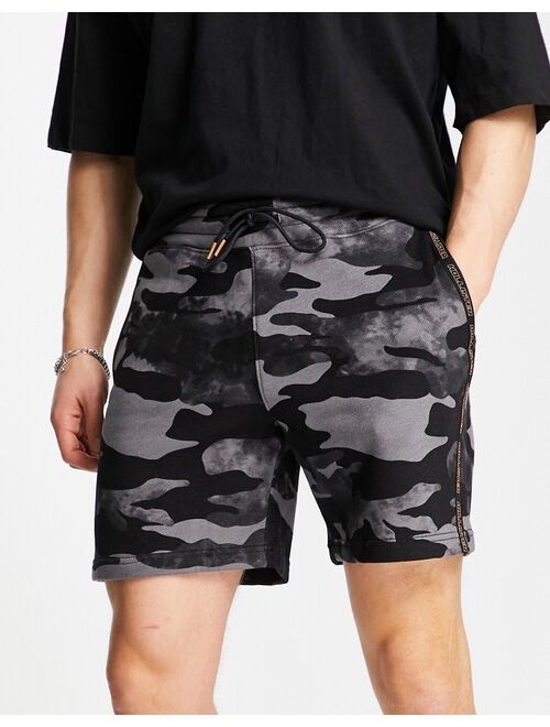 Hollister sports tape logo camo print sweat shorts in black