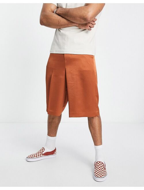 ASOS DESIGN smart longline wide satin shorts in burnt orange