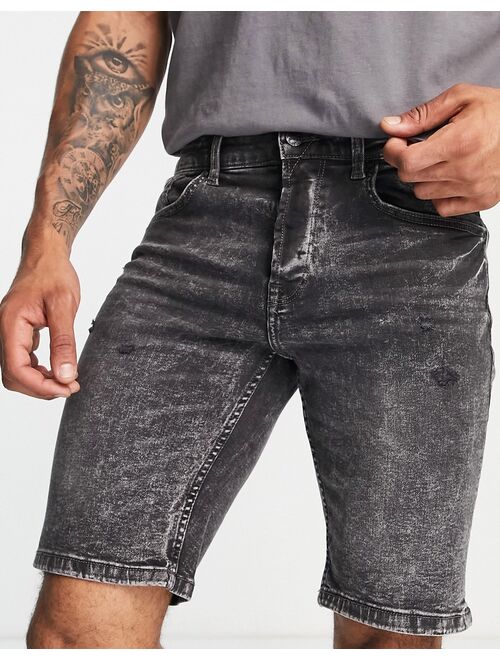 Only & Sons tapered denim shorts with rips in gray