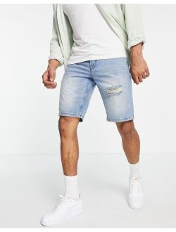 loose fit denim shorts with rips in blue