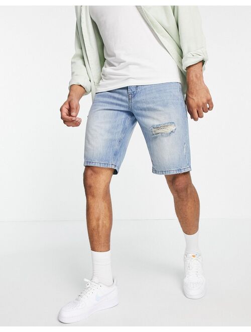 Only & Sons loose fit denim shorts with rips in blue