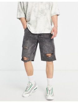 loose fit denim shorts in black wash with rips