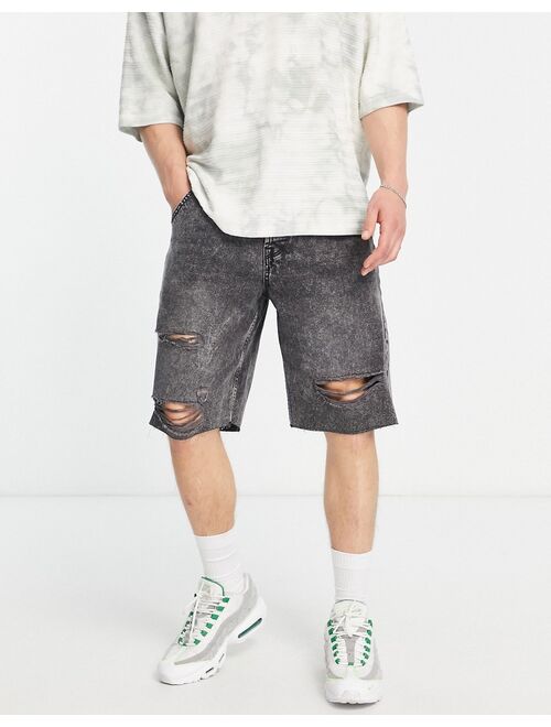 Only & Sons loose fit denim shorts in black wash with rips