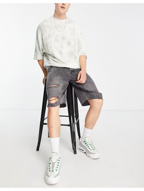 Only & Sons loose fit denim shorts in black wash with rips