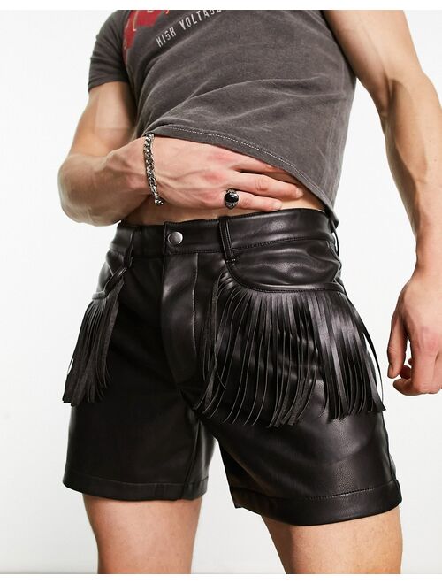 ASOS DESIGN slim leather look shorts with fringed pockets in black