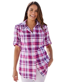 Women's Plus Size Short Sleeve Button Down Seersucker Shirt