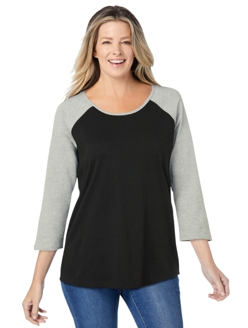 Woman Within Women's Plus Size Three-Quarter Sleeve Baseball Tee Shirt