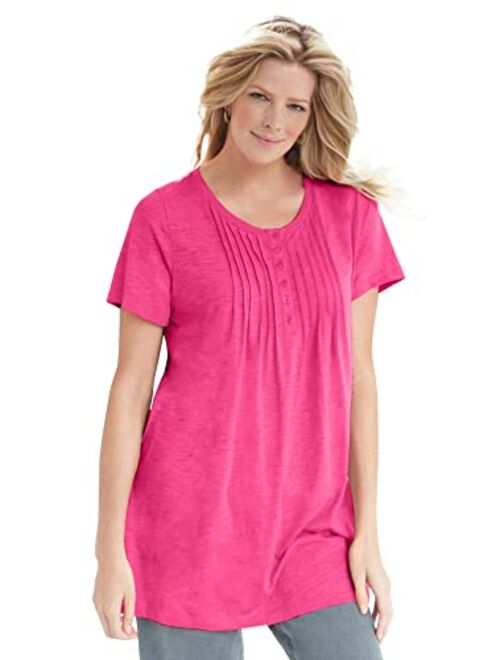 Woman Within Women's Plus Size Short-Sleeve Pintucked Henley Tunic