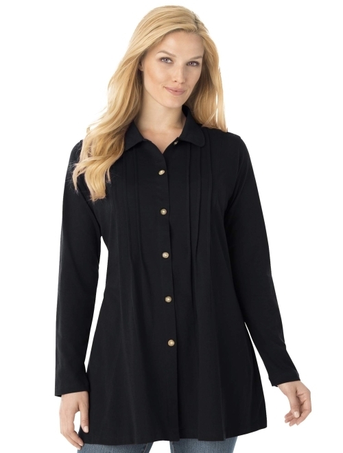 Woman Within Women's Plus Size Pintucked Button-Front Tunic