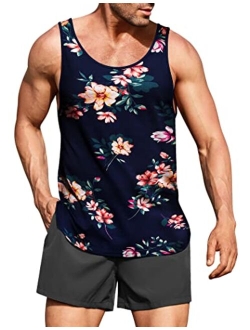 Men's Floral Tank Top Sleeveless Tees All Over Print Casual Sport Gym T-Shirts Hawaii Beach Vacation