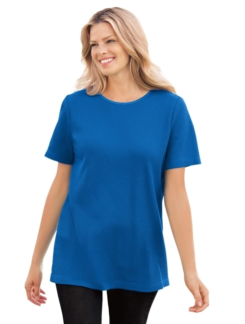 Woman Within Women's Plus Size Thermal Waffle Short-Sleeve Satin-Trim Tee Shirt