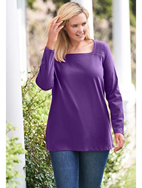 Woman Within Women's Plus Size Perfect Long-Sleeve Square-Neck Tee Shirt