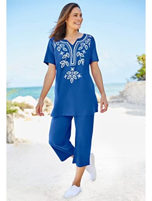 Woman Within Women's Plus Size Printed Tunic And Capri Set