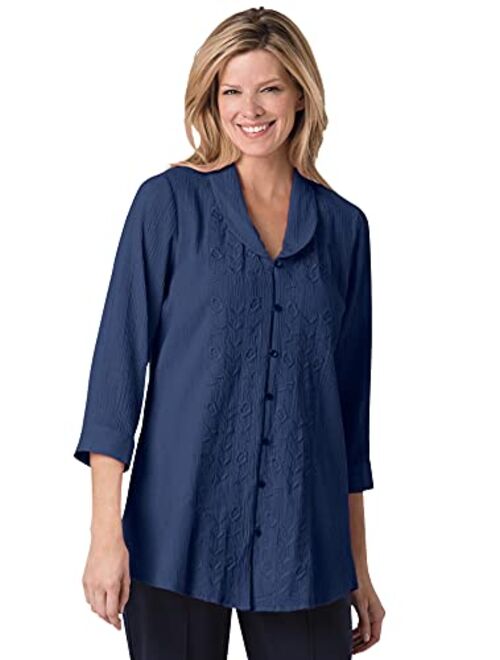 Woman Within Women's Plus Size Textured Gauze Tunic With Shawl Collar